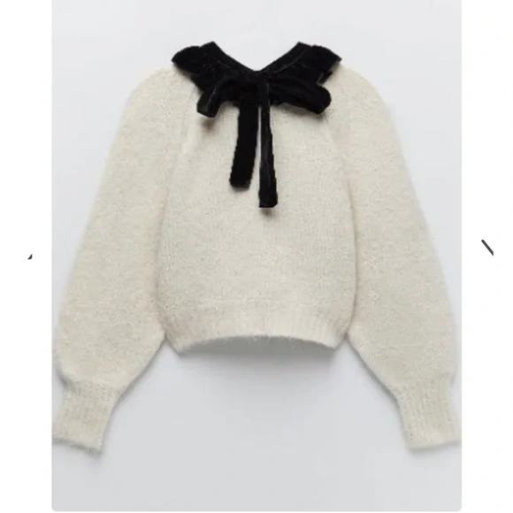 Zara White Knit Black Velvet Bow Collar Long Sleeve Pullover Sweater Medium - Picture 3 of 12